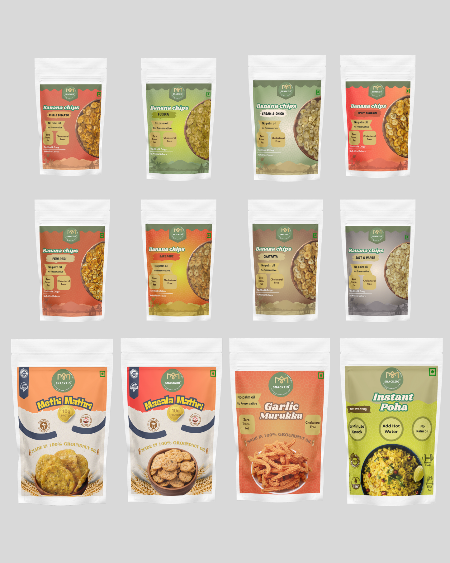 Smaple Pack(8 Flavour banana chips + 2 Mathri + 1 Garlic Murukku+ Instant Poha)